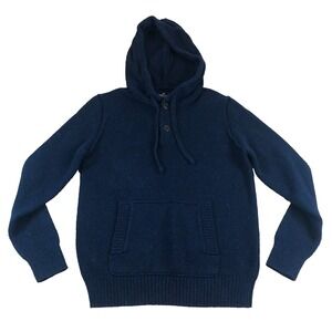 American Eagle Sweater Hoodie Mens M Knit Pullover Drawstring Blue Button Preppy